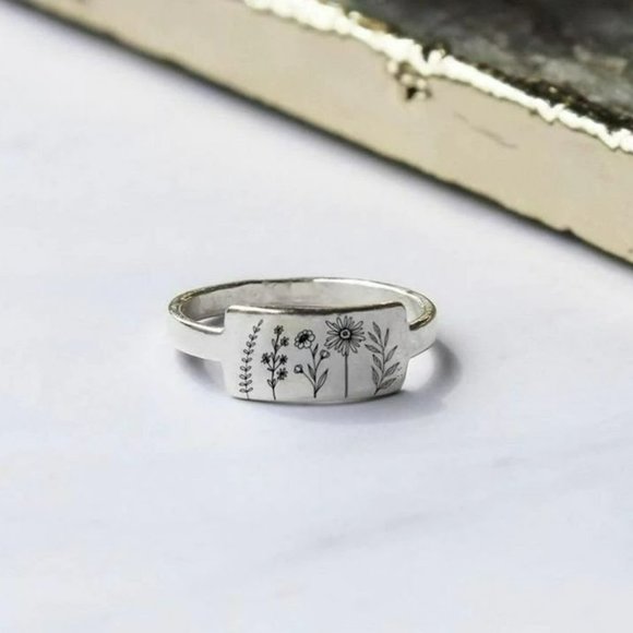 Carved Engraving Wildflowers Dandelion Daisy Silver Ring - Picture 2 of 8